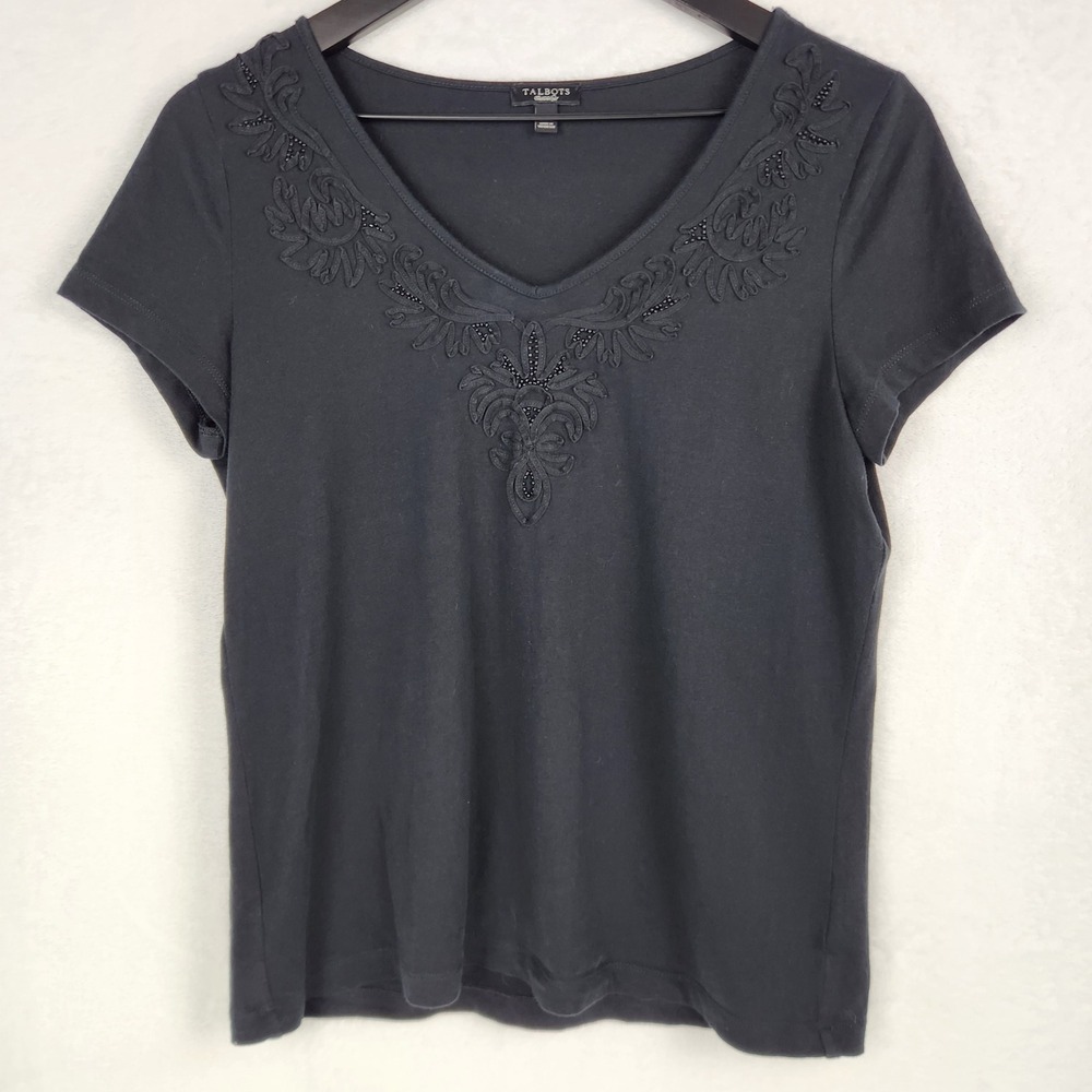 Talbots V-Neck 100% Cotton Top Women S Black Embroidered Beaded Chic Classic